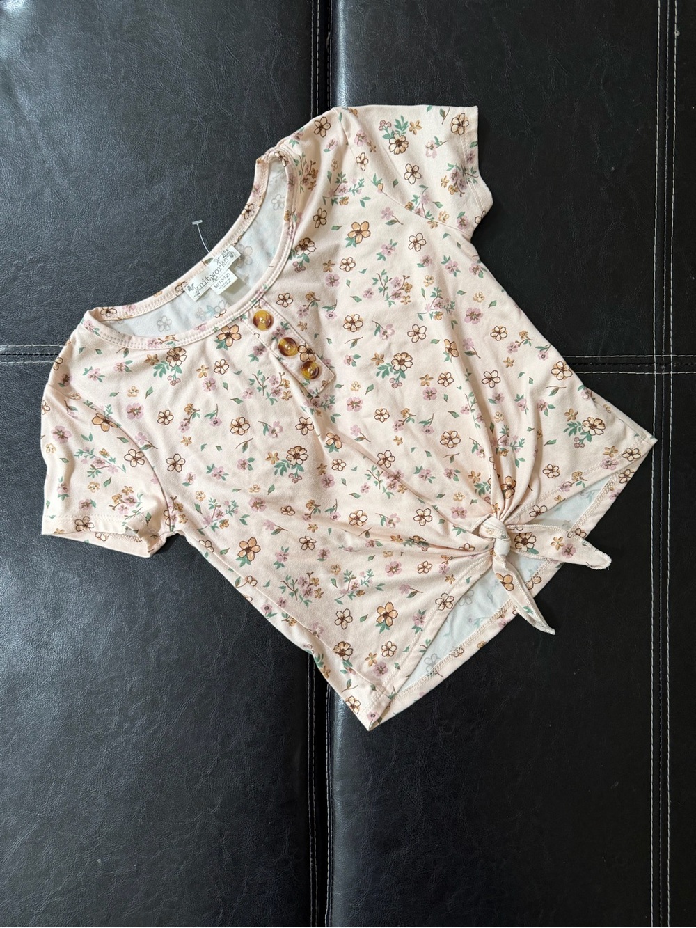 Knitworks - Girl’s Cream/Light Pink Floral Tie-Knot Crop Top